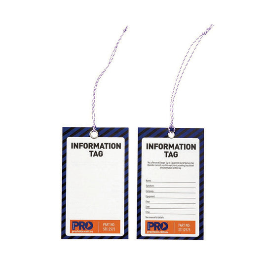 Information Tags Pack/100 featuring durable, non-tear material suitable for all weather. Close-up shows clear black text on a white tag, ideal for workplace safety and labeling needs.