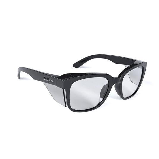 Bolle STKS 410 Safety Glasses: Black/Clear Lens feature a sleek design with clear lenses and integrated side-shields, offering advanced eye protection and comfort for indoor use.