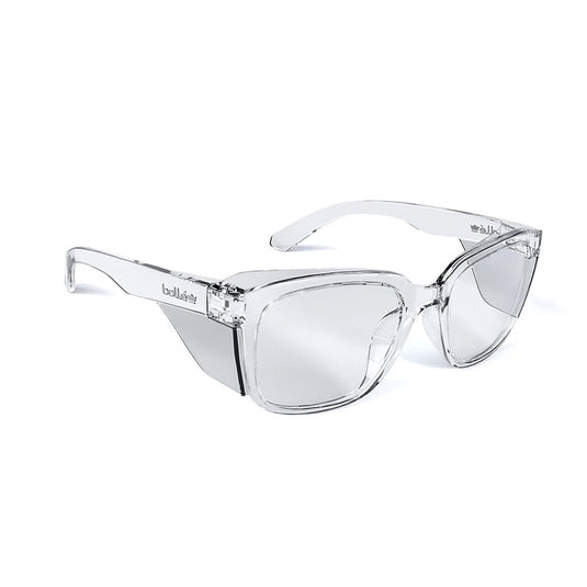 Bolle STKS 410 Safety Glasses: Clear/Clear, featuring a sleek design with integrated clear side-shields and clear lenses, ideal for indoor use and merging style with top-tier eye protection.