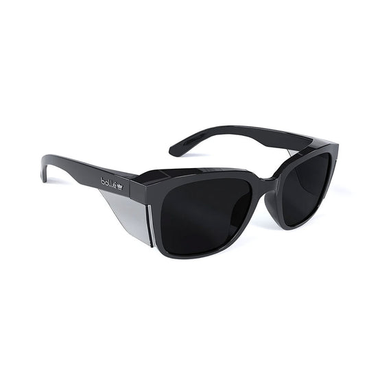Bolle STKS 410 Safety Glasses: Black/Smoke Lens, featuring sleek black frames and smoke-tinted lenses, designed for optimal eye protection and comfort, ideal for demanding work environments.