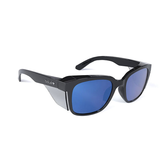 Bolle STKS 410 Safety Glasses: Black/Cobalt Mirror Polarised, featuring blue lenses with integrated side-shields, designed for all-day comfort and advanced eye protection in demanding work environments.