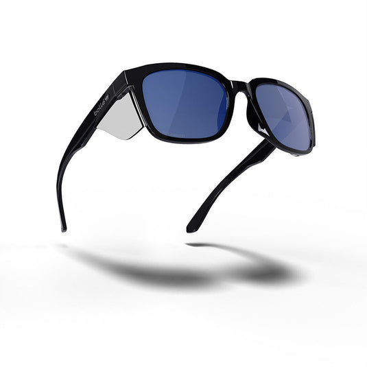 Bolle STKS 410 Safety Glasses: Black/Cobalt Mirror Polarised, showcasing sleek design with integrated clear side-shields, ideal for outdoor use. Offers advanced eye protection with recycled polycarbonate and anti-scratch, anti-fog coatings.