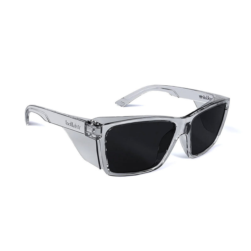 Load image into Gallery viewer, Bolle STKS 420 Safety Glasses with clear/smoke lenses, featuring black frames and integrated clear side-shields, designed for outdoor use with advanced eye protection and eco-conscious materials.