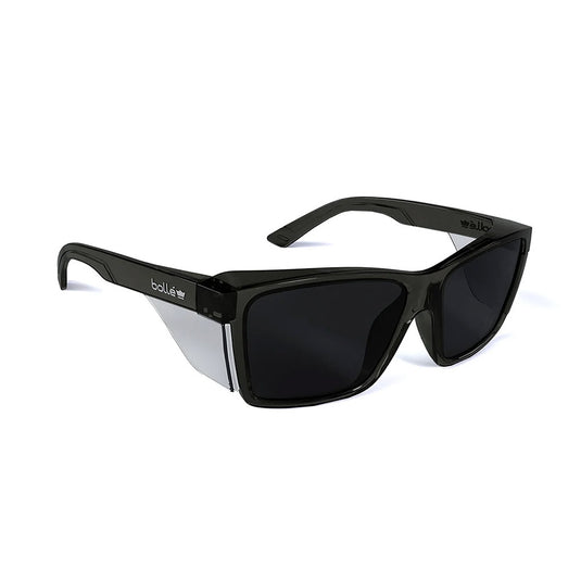 Bolle STKS 420 Safety Glasses: Graphite/Smoke Lens with black lenses, designed for durability and comfort. Ideal for demanding work environments, featuring integrated clear side-shields and premium coatings for enhanced protection and clarity.