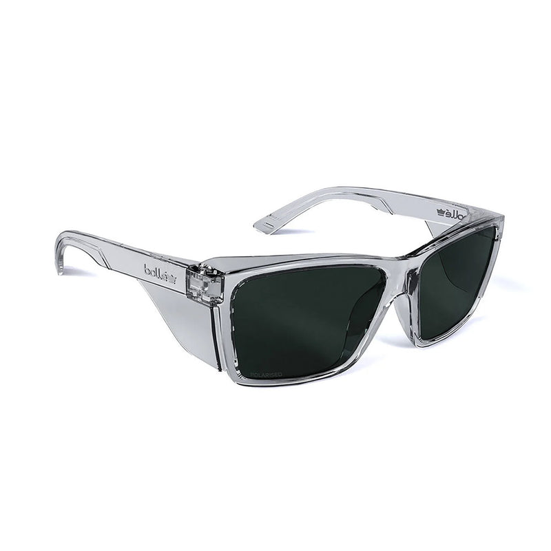 Load image into Gallery viewer, Bolle STKS 420 Safety Glasses: Clear/Smoke Polarised, featuring sleek black lenses and integrated clear side-shields, designed for durability and comfort with over 65% recycled polycarbonate for advanced eye protection.