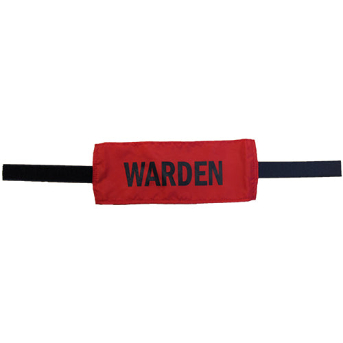 Fire Warden Arm Band with adjustable Velcro closure, featuring black text on a red band. Ideal for emergency situations, ensuring clear identification of authority. Suitable for various arm sizes in safety environments.