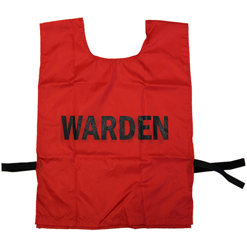 Red Fire Warden Bib Vest with black text, designed to enhance visibility and authority in emergencies. Ideal for safety professionals, featuring a sleek design suitable for workplace safety environments.