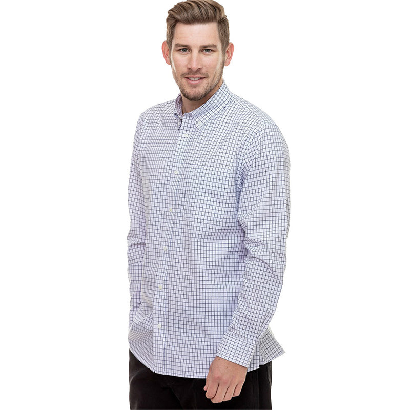 Load image into Gallery viewer, The Swanndri Carrington L/S Shirt in White/Navy Check features a Panama weave cotton, button-down collar, and a single chest pocket with embroidered swan logo, ideal for professional and breathable wear.