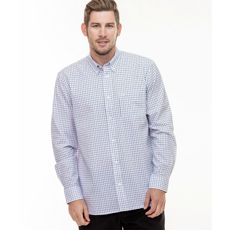 Load image into Gallery viewer, Swanndri Carrington L/S Shirt, White/Navy Check features a classic fit with Panama weave cotton for breathability, a button-down collar, and an embroidered swan logo on the single chest pocket.