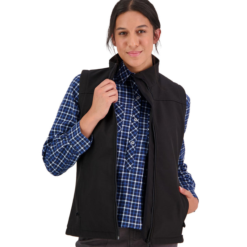 Load image into Gallery viewer, Swanndri Ashcroft Softshell Vest, Black, features a sleek, sleeveless design with a full-length zip, zippered hip pockets, back embroidery, and an internal pocket, showcasing its windproof, water-resistant construction.