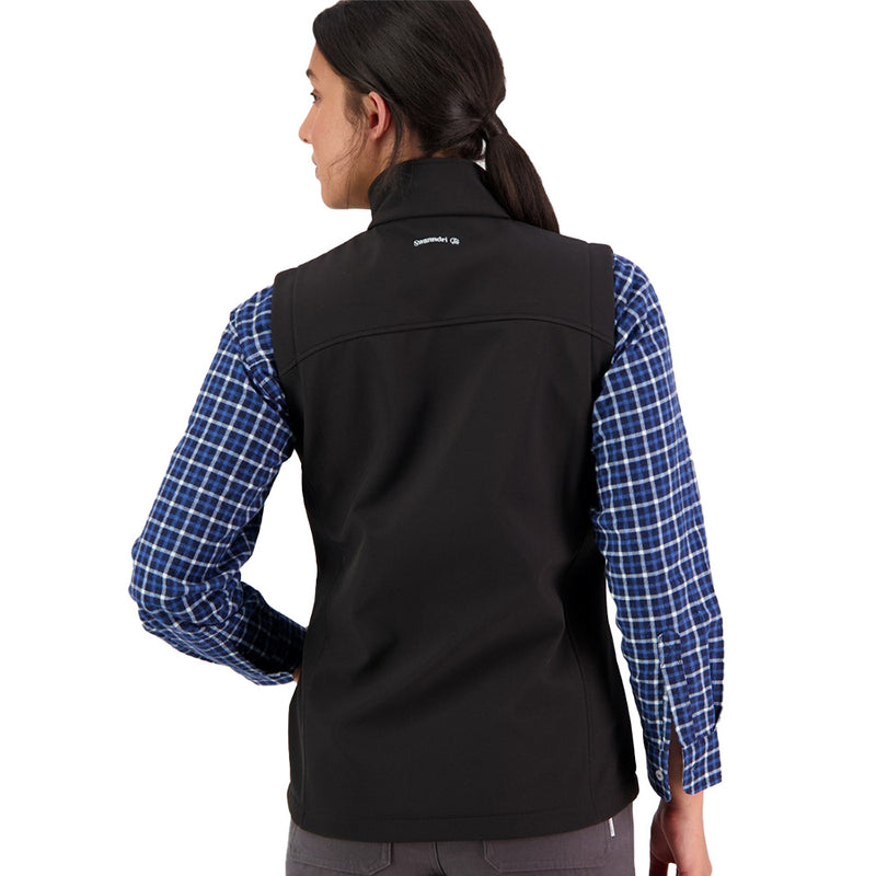 Load image into Gallery viewer, Swanndri Ashcroft Softshell Vest, Black: A sleeveless softshell vest featuring a full-length zip, hip zip pockets, and back embroidery. Designed with windproof and water-resistant fabric for enhanced mobility and style.
