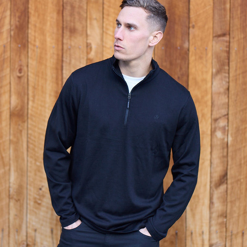 Load image into Gallery viewer, Swanndri Butler V2 Merino Half Zip Pullover, Black, featuring a quarter zip and embroidered swan logo, crafted from mid-weight merino wool, ideal for transitional climates and active safety environments.