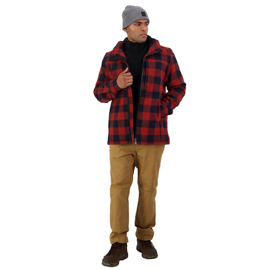 Swanndri Hudson Wool Hoodie crafted from 100% New Zealand wool with cotton lining, featuring a contoured hood, heavy-duty front zip, and concealed zip pockets, embodying durability for outdoor adventures.