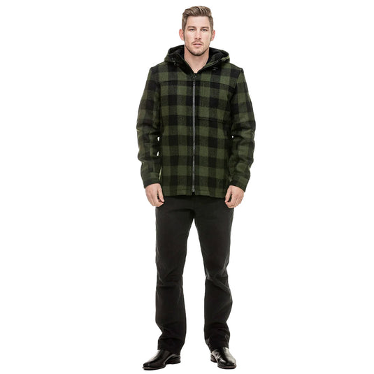 Swanndri Hudson Wool Hoodie crafted from 100% New Zealand wool features a contoured hood, heavy-duty front zip, and concealed pockets, ideal for outdoor enthusiasts seeking practicality and durability.