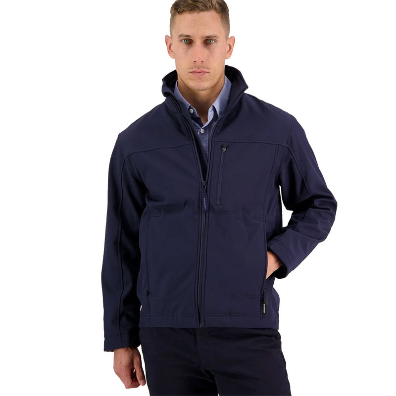 Load image into Gallery viewer, Swanndri Redwoods Soft Shell Jacket with full-length zip, zip chest, and side pockets. Features windproof, water-resistant three-layer fabric with internal fleece cuffs and adjustable collar, ideal for safety and work environments.
