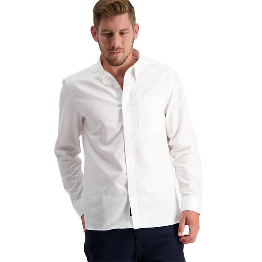 Swanndri Mens Barrington Long Sleeve Shirt, a classic fit business essential, features a single chest pocket with embroidered swan logo, chevron back yoke, and hidden button-down collar, ideal for semi-formal occasions.