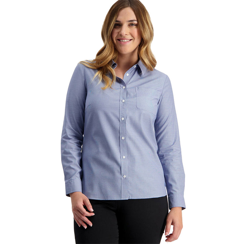 Load image into Gallery viewer, Swanndri Womens Avondale Long Sleeve Shirt showcased with mother of pearl buttons, a chest pocket featuring an embroidered swan logo, highlighting its classic fit and semi-formal style, ideal for workplace attire.