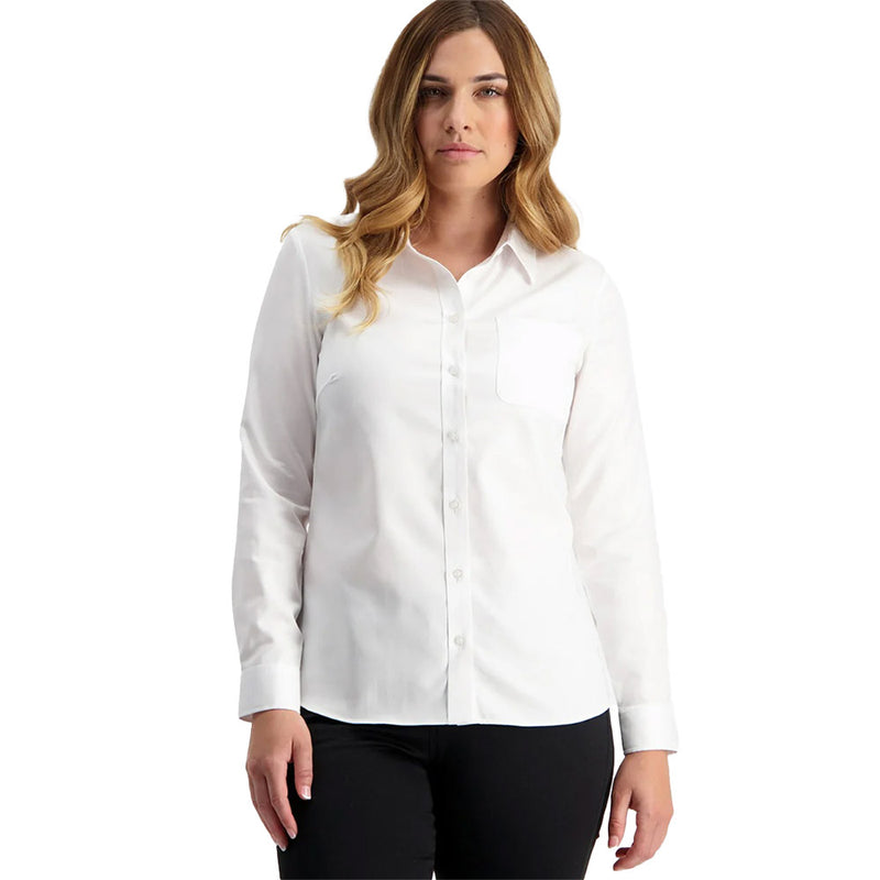 Load image into Gallery viewer, Swanndri Womens Avondale Long Sleeve Shirt, a classic fit made of 100% cotton with a shallow hem and side splits, features a chest pocket with an embroidered swan logo and mother of pearl buttons.