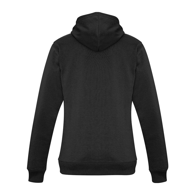 Load image into Gallery viewer, Biz Ladies Crew Pullover Hoodie, shown from the back, features a hood, ribbed cuffs, and hem. Crafted from a durable cotton-poly blend, it offers a modern fit ideal for active lifestyles.
