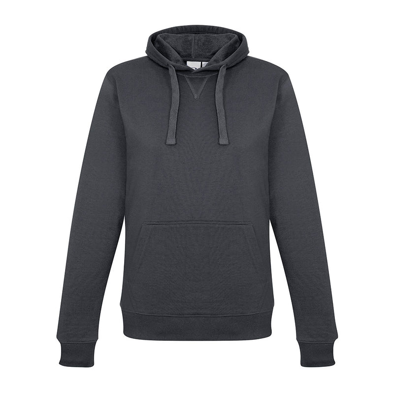 Load image into Gallery viewer, Biz Ladies Crew Pullover Hoodie, a modern-fit, dark-gray pullover with a kangaroo pocket, adjustable hood, and ribbed cuffs, crafted for comfort in a breathable cotton-polyester blend, perfect for an urban street style.