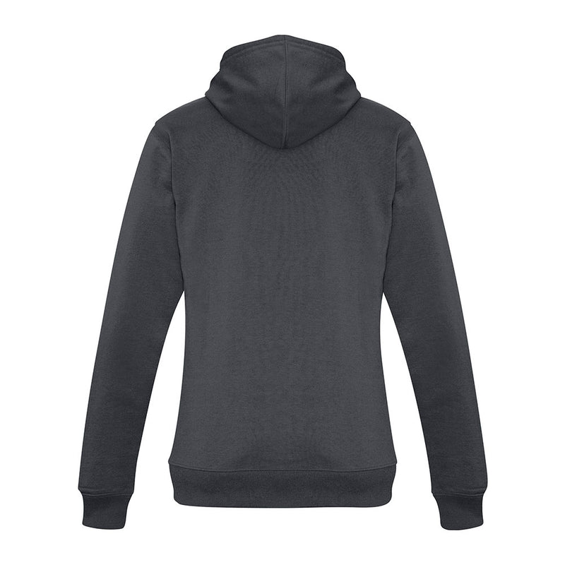 Load image into Gallery viewer, Biz Ladies Crew Pullover Hoodie, back view: plain dark-gray, long sleeves with ribbed cuffs and hem, three-panel hood. Ideal for urban style with a modern fit, great for active comfort.
