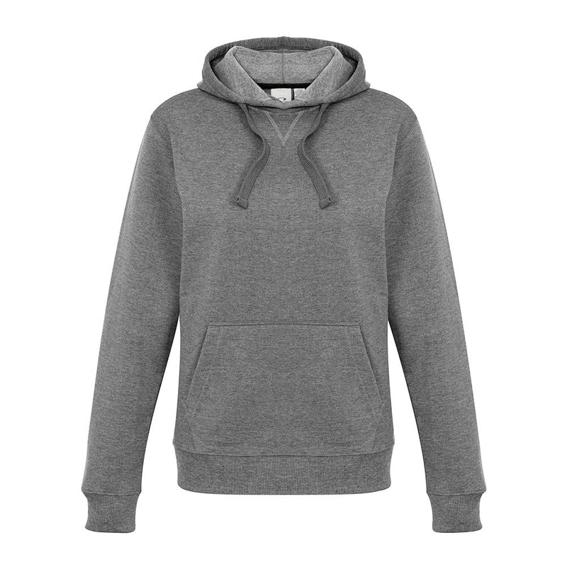 Load image into Gallery viewer, Biz Ladies Crew Pullover Hoodie in heather gray, featuring a drawstring-adjustable hood, front kangaroo pocket, and ribbed cuffs and hem, offering a modern fit with mid-weight cotton blend fleece for warmth.