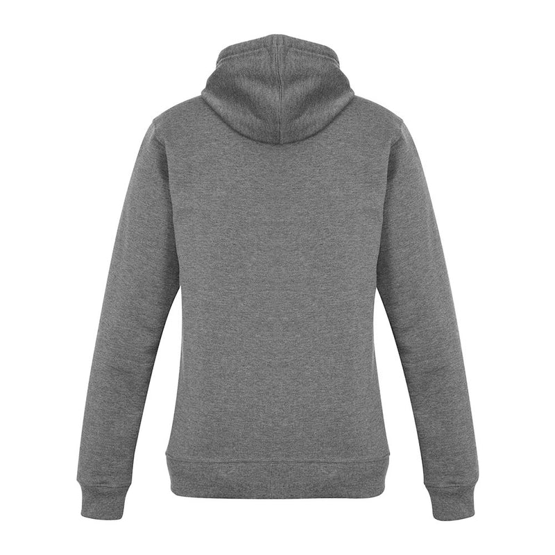 Load image into Gallery viewer, Biz Ladies Crew Pullover Hoodie, featuring a heather-gray, modern-fit design with ribbed cuffs and hem, showcases a breathable cotton-polyester blend for comfort. The back view highlights its versatile urban street style.