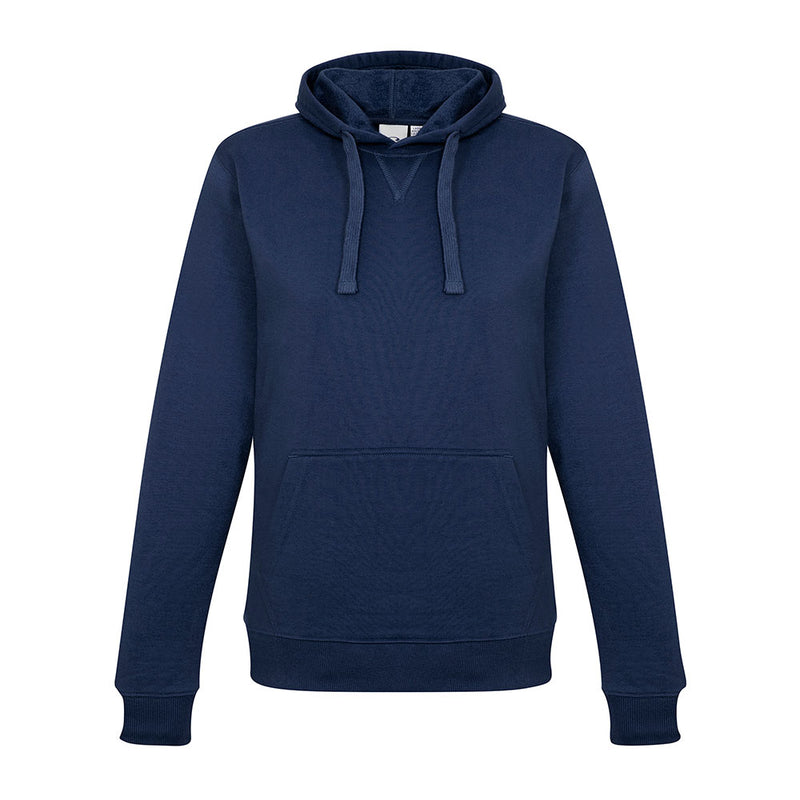 Load image into Gallery viewer, Biz Ladies Crew Pullover Hoodie, a navy-blue sweatshirt, features a kangaroo pocket, wide shoelace drawstrings, and ribbed hems. Ideal for urban street style, embodying comfort and durability with a modern fit.