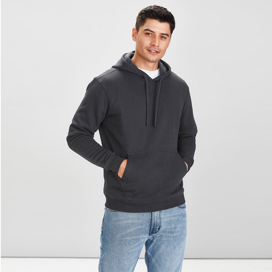 Biz Crew Pullover Hoodie featuring a kangaroo pocket, wider ‘shoelace’ drawstring hood, and ribbed hem and cuffs. Ideal for active safety environments, blending comfort and practicality with its polyester-cotton fleece material.