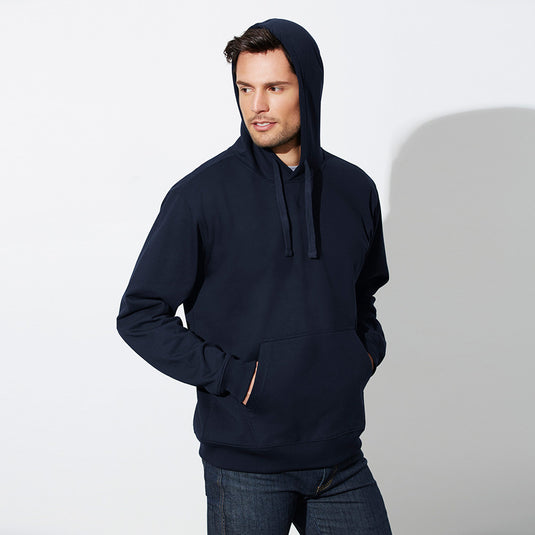 Biz Crew Pullover Hoodie featuring a front kangaroo pocket and wide drawstring hood. Ideal for workwear, it combines 65% polyester and 35% cotton fleece, perfect for safety and comfort.