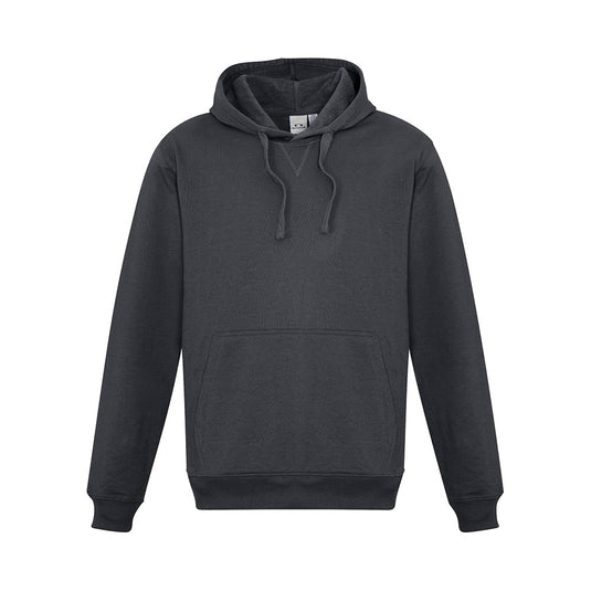 Biz Crew Pullover Hoodie featuring a front kangaroo pocket and hood with shoelace drawstring, ideal for workplace safety. Crafted from durable polyester-cotton fleece with ribbed cuffs and hem for comfort.