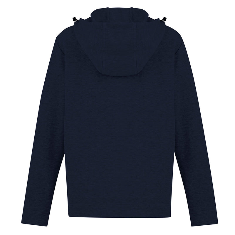 Load image into Gallery viewer, Biz Ladies Neo Hoodie features an attached hood and ergonomic fit, ideal for active wear. It includes a heat-sealed zippered chest pocket and open side pockets for convenience.
