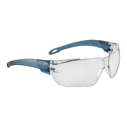 Bolle Swift Platinum Lite Safety Glasses: Clear, featuring a sleek design with clear lenses and blue frames, offering optimal protection and comfort, suitable for indoor use with anti-scratch and anti-fog coating.