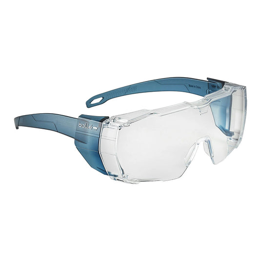 Bolle Swift OTG Platinum Lite Safety Glasses: Clear, featuring a sleek design with clear lenses and contoured temples for enhanced comfort and protection, ideal for wearing over prescription glasses.