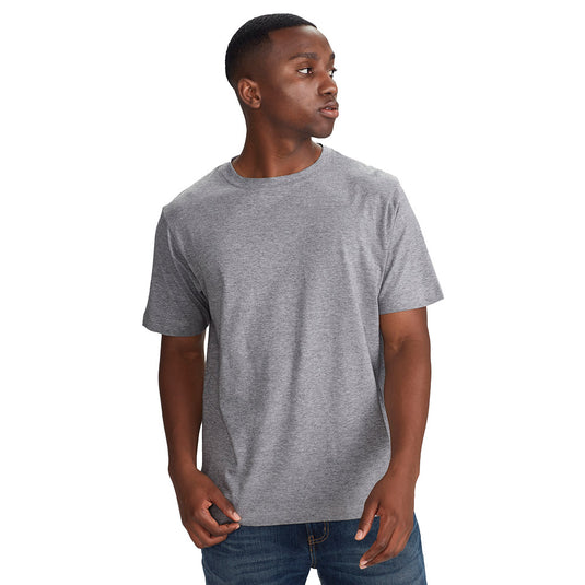 Biz Ice Premium Cotton Tee displaying its robust design with twin needle sleeve and body hem, ideal for workwear. Features ribbed elastane neck band and mobilon tape for enhanced comfort and durability.