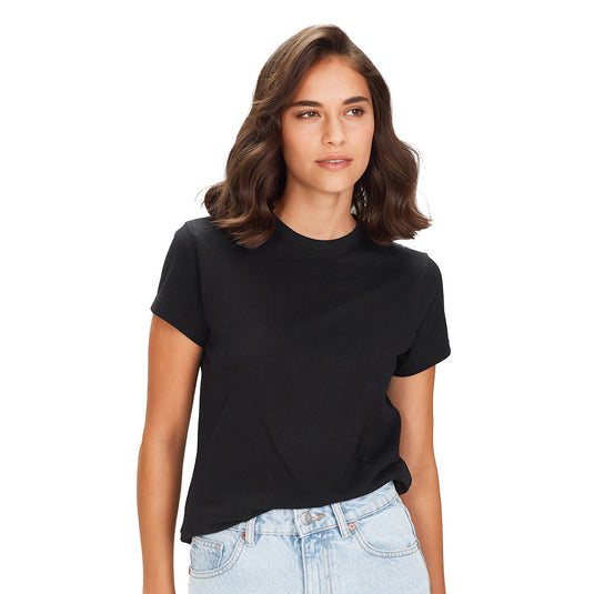 Biz Ladies Ice Premium Cotton Tee, showcasing robust neck ribbing and twin needle hem for durability, ideal for workwear. The tee is crafted for comfort with side seams and Mobilon tape for optimal fit.