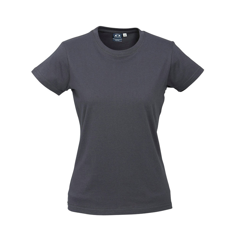 Load image into Gallery viewer, Biz Ladies Ice Premium Cotton Tee showcasing durable craftsmanship with twin needle stitching and ribbed neck. Ideal for workplace safety attire, offering comfort with mobilon tape and easy rebranding with tear-away label.