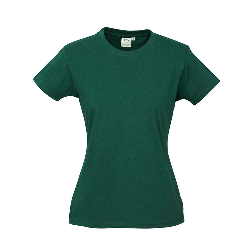Load image into Gallery viewer, Biz Ladies Ice Premium Cotton Tee showcasing its durable ribbed elastane neck band and twin needle hem, ideal for workplace uniforms with its premium combed cotton for comfort and stretch retention.