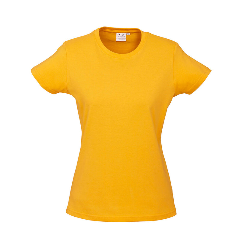 Load image into Gallery viewer, Biz Ladies Ice Premium Cotton Tee featuring durable neck ribbing and twin needle hems, designed for longevity and comfort, ideal for workplace safety attire. Perfect for customization with easy tear-away label.