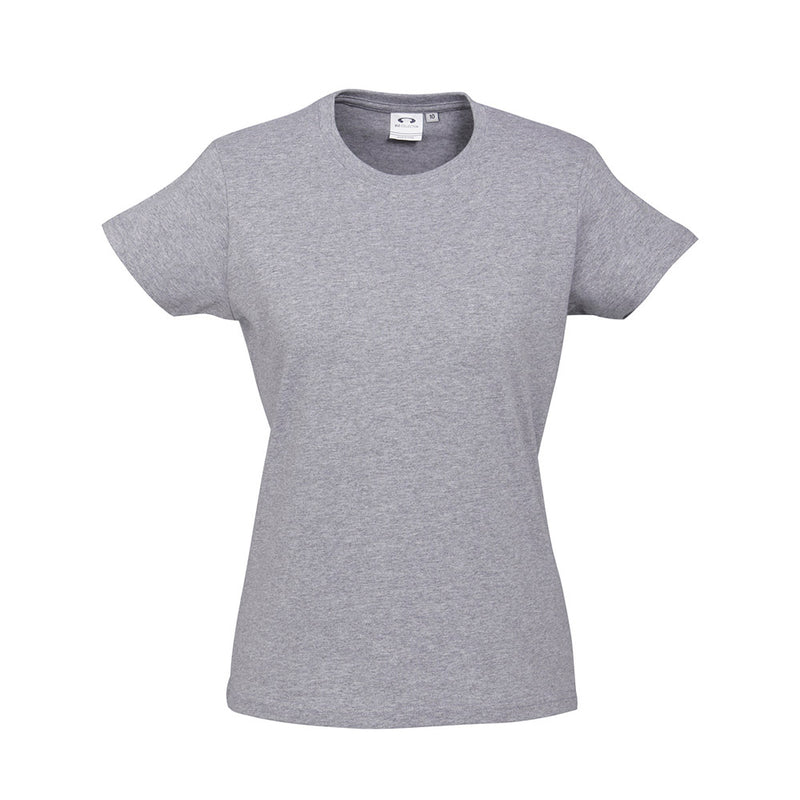 Load image into Gallery viewer, Biz Ladies Ice Premium Cotton Tee showcasing its durable, ribbed elastane neck band and twin needle hem, ideal for workplace comfort and longevity, perfectly aligning with Active Safety's commitment to quality workwear.