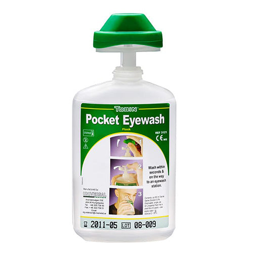 Tobin Pocket Eyewash Flask: 200ml in a compact white bottle with a green cap, designed for easy portability in mobile work environments, ideal for immediate use before reaching a proper eyewash station.