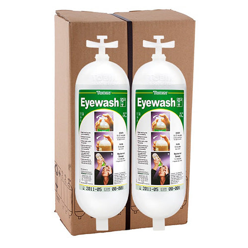 Tobin Eyewash Replacement Bottles Pack/2 featuring two 1-litre sterile saline solution bottles. Ideal for workplace safety, these essential eye wash bottles ensure preparedness in any safety-focused environment.