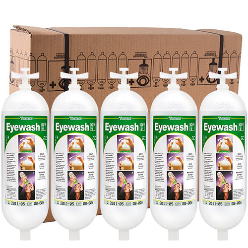 Tobin Eyewash Replacement Bottles Pack/5 displayed with five 1-litre sterile saline solution bottles next to a labeled box, suitable for workplace safety needs from Active Safety.