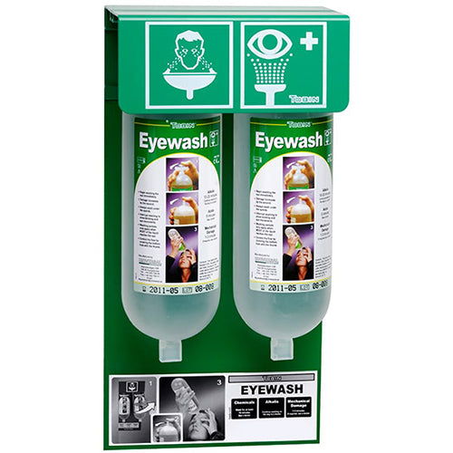 Tobin Eyewash Wall Kit shown with two 1-litre sterile saline bottles on a wall-stand, ideal for compact spaces. Comes with installation screws, perfect for workplace safety setups.
