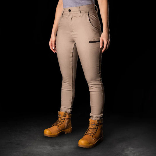 BAD Womens Flex Hypermove Work Jeggings showcased on a person, highlighting their skinny fit and mid-high waist, ideal for active comfort. Features include reinforced pockets and utility compartments, perfect for workplace use.