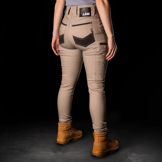 BAD Womens Flex Hypermove Work Jeggings shown worn, highlighting skinny fit, mid-high waist, and reinforced pockets. Ideal for active safety environments with utility features like pen and smartphone pockets.