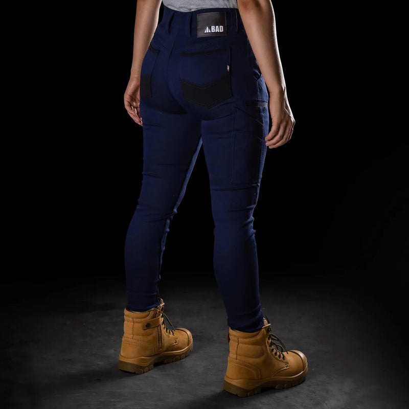 Load image into Gallery viewer, BAD Womens Flex Hypermove Work Jeggings showcased on a person, highlighting the sleek fit and functional design with reinforced pockets and utility features, ideal for active safety and workplace environments.