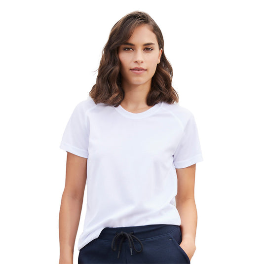Biz Womens Sprint Short Sleeve Tee with crew neck, durable flat lock raglan armhole, and breathable BIZ COOL™ polyester fabric, ideal for active use and quick-drying performance. Perfect for workplace or casual activities.