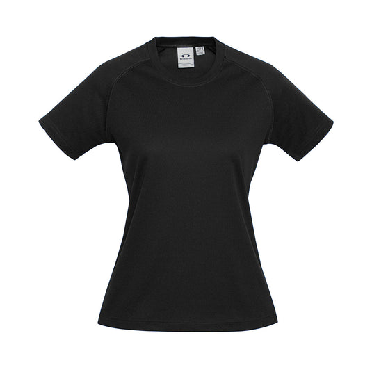Biz Womens Sprint Short Sleeve Tee made with breathable BIZ COOL™ polyester, featuring a crew neck and durable flat lock raglan armholes, ideal for versatile use in active and safety environments.
