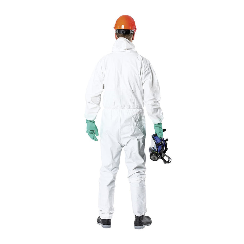 Load image into Gallery viewer, A person wearing Titan T380 Type 5/6 Disposable Coveralls in white, with green gloves, black boots, and an orange hard hat, holds a half-face respirator, showcasing comprehensive PPE suitable for industrial safety.